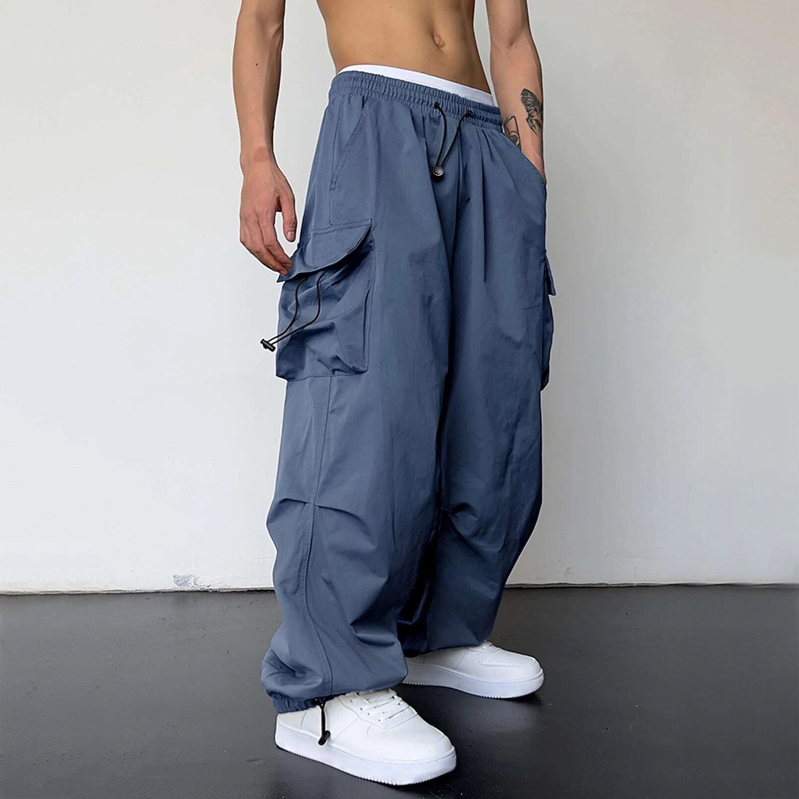 thumbnail image 5 of Pantalones cargo deportivos de cintura informal para hombre - Bolsillo tejido con cordón - Ropa urbana para todas las estaciones, 5 of 8